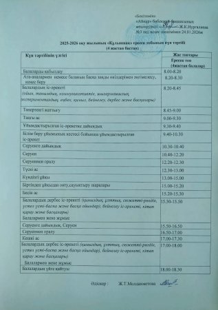 2025-2026 оқу жылға "Құлыншақ" ересек тобының күн тәртібі